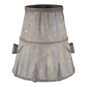 Late 20th Century Primitive Chinese Shanxi Banded Iron Barrel Willow Rice Measure Grain Bucket