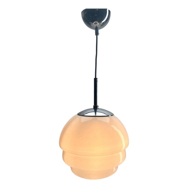 German Pendant Lamp with Opaline Shade and Chrome Fittings, 1950s For Sale