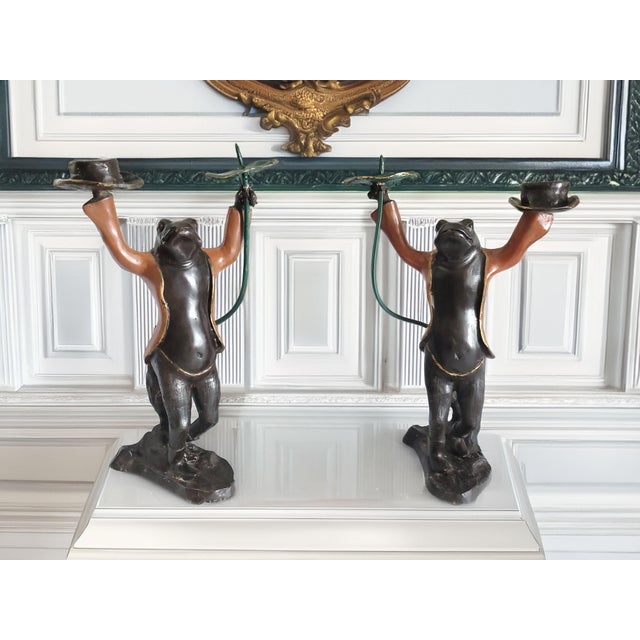 Figurative Large Antique Painted Bronze Frog Candlesticks Pair For Sale - Image 3 of 17
