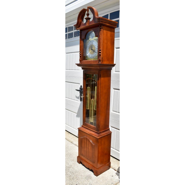 Howard Miller Howard Miller Cherry Grandfather Clock Mechanical Triple Weight Pendulum For Sale - Image 4 of 18