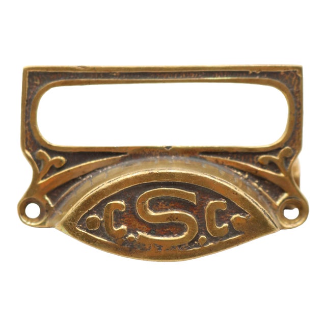 Antique c.s.c Brass Bin Drawer Pull With Label Slot For Sale
