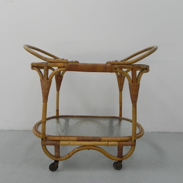 Bamboo Rattan Serving Trolley on Castors, 1950s For Sale - Image 8 of 18