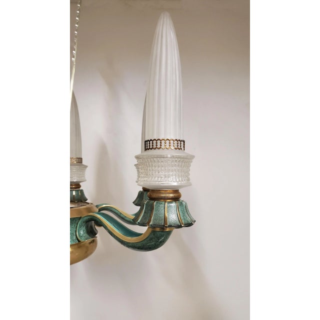 Mid 20th Century Mid 20th Century Frosted Glass and Bronze Six Arm Chandelier Attrib to Maison Baguès For Sale - Image 5 of 12