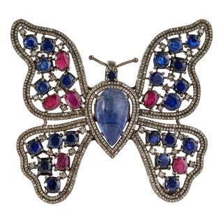 Boho Chic 10Ct Multi Gem & Diamond Butterfly Statement Brooch Pin Pendant in 925 Silver For Sale