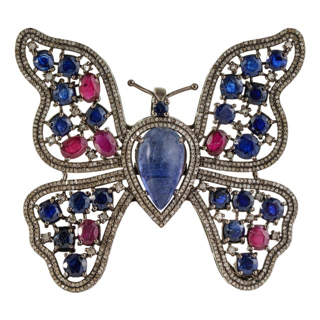 Boho Chic 10Ct Multi Gem & Diamond Butterfly Statement Brooch Pin Pendant in 925 Silver For Sale