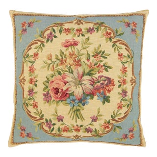 Aubusson Bouquet Blue Tapestry Cushion With Feather Filler - 46 X 46cm For Sale