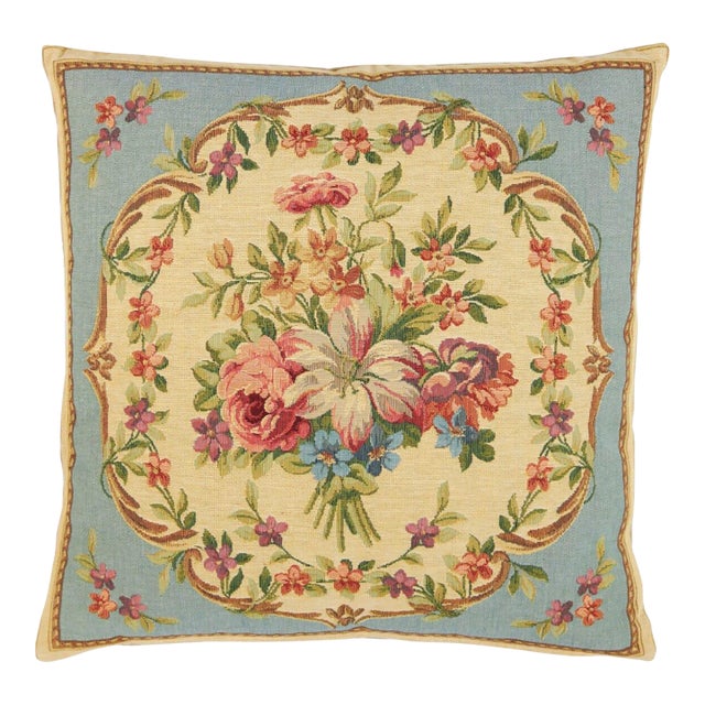 Aubusson Bouquet Blue Tapestry Cushion With Feather Filler - 46 X 46cm For Sale