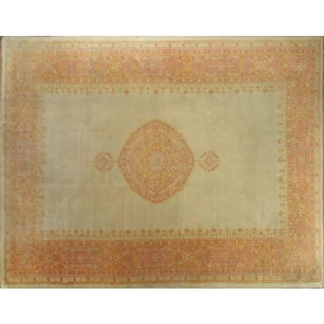 Antique handmade Turkish/Anatolian Oushak carpet, natural dyed wool on wool foundation with traditional design of central...