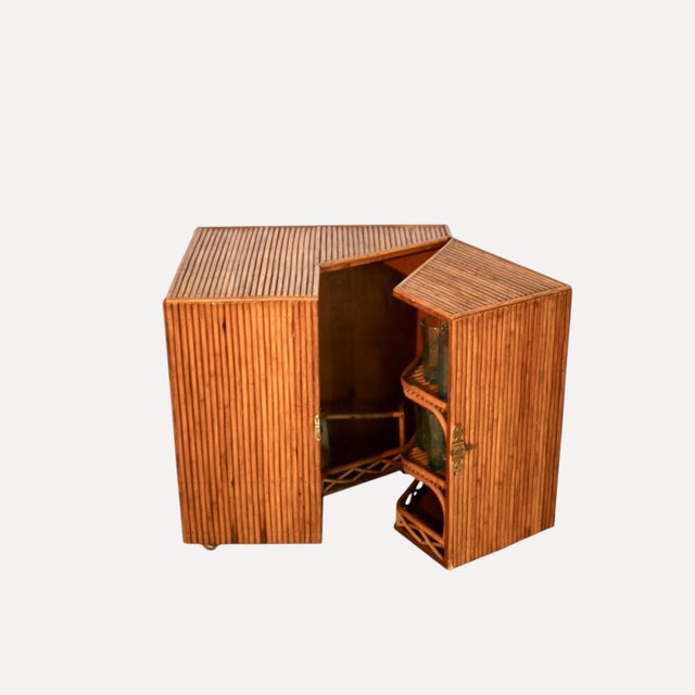 Corner Rattan Bar with Triangular Patterned Top, Brass Hardware and Casters and Wooden Interior with Shelves, Italy, 1970s For Sale - Image 4 of 10