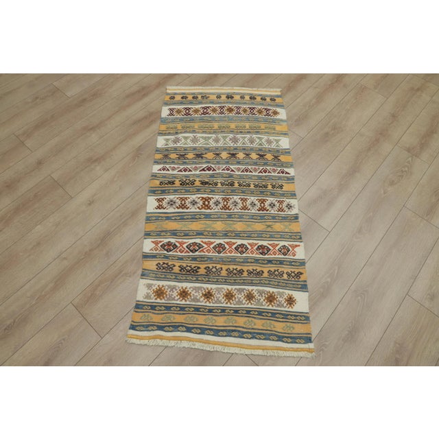 1960s Ethnic Design Ikat Tribal Yellow Striped Kilim Rug For Sale - Image 13 of 13