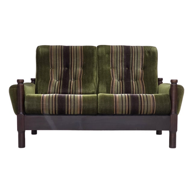 Vintage Scandinavian Two-Seater Sofa in Green Furniture Velour and Beech, 1970s For Sale