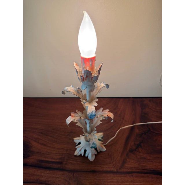 1950s Pair of Diminutive Floral Italian Style Tole Lamps For Sale In Philadelphia - Image 6 of 6