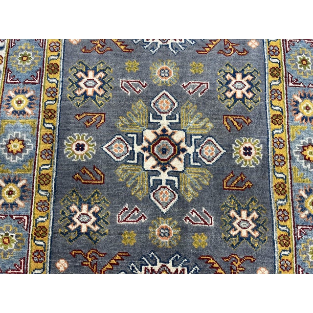 Slate Gray Kazak Style Rug With Floral Medallions and Blue Border, 3'3" X 4'9" For Sale - Image 6 of 13