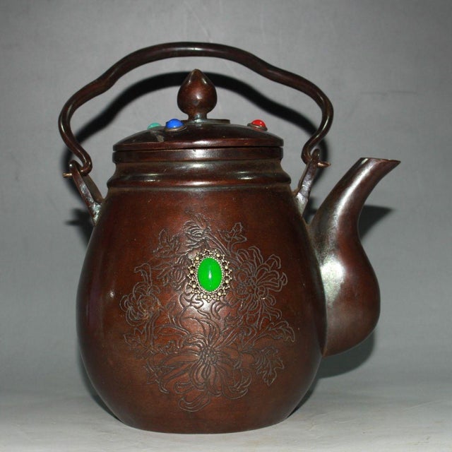Vintage Copper Wine Pot | Chased Floral Motif & Faux Gemstone | Chinese Tea Kettle For Sale In Los Angeles - Image 6 of 9