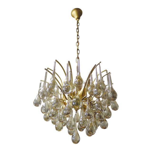 German Teardrop Chandelier in Murano Glass and Brass from Palwa, 1970s For Sale