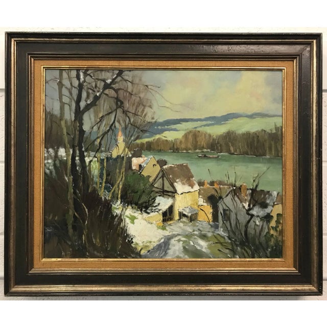 Georges Charles Robin, Port-Villez Neige Original French Landscape Impressionistic Riverscape Painting, Circa 1950 For Sale - Image 6 of 7