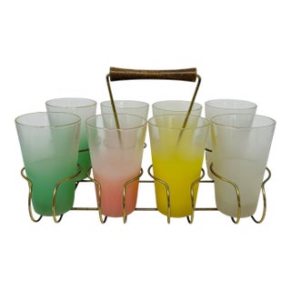 1960's Mid-Century Blendo Frosted Glassware Set With Caddy, Set of 8 Highball Glasses, MCM Barware For Sale