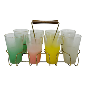 1960's Mid-Century Blendo Frosted Glassware Set With Caddy, Set of 8 Highball Glasses, MCM Barware