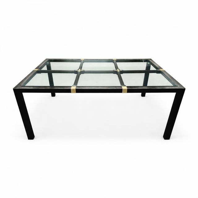 Mid-Century Hollywood Regency Brushed Metal W/Brass Accents and Glass Top on Wood Grid Dining Table For Sale - Image 11 of 12
