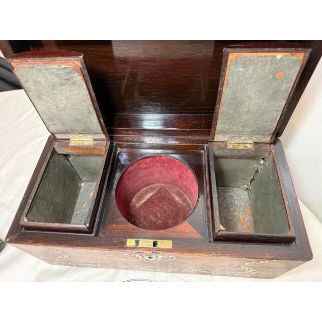Antique 1800's English Inlaid Mother of Pearl Rosewood Wood Dual Tea Caddy Box For Sale - Image 16 of 18