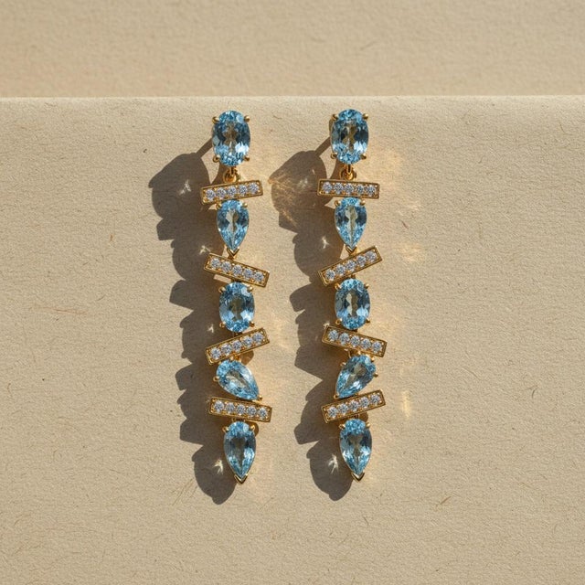 Blue Modern Geometric Topazes Drop Earrings, Silver, Gold, Pair For Sale - Image 8 of 10