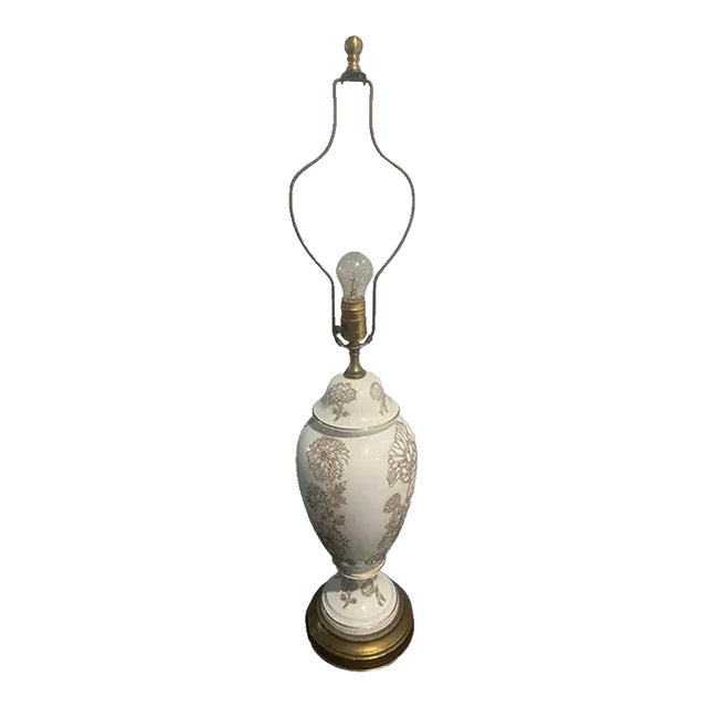 1950s Mid Century Modern Frederick Cooper Baluster Form White Porcelain and Brass Floral Lamp For Sale