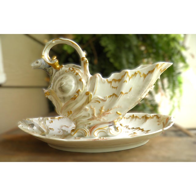 Limoges a Superb & Rare Rocaille-Style Seashell Sauceboat W/ Waves & Fish 1891-1890 For Sale - Image 9 of 10