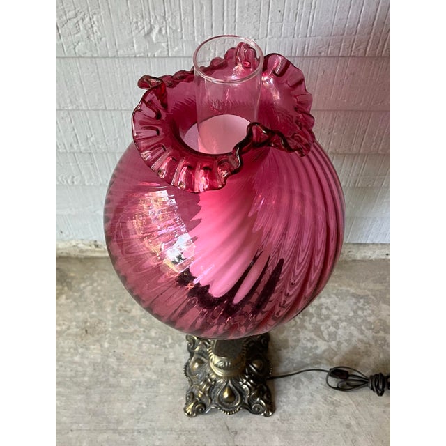 Victorian Vintage Cranberry Pink Swirl Glass Tall Electric Victorian-Style Parlor Lamp For Sale - Image 3 of 12