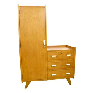 Vintage Wooden Wardrobe with Side Drawer and Slanted Legs For Sale