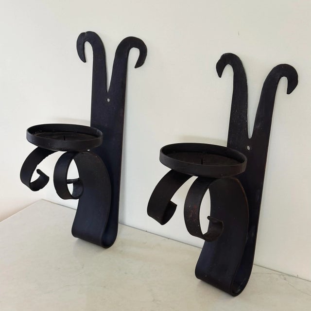 Antique Hammered Wrought Iron Spanish Revival Large Candle Wall Sconces, a Pair For Sale - Image 10 of 12