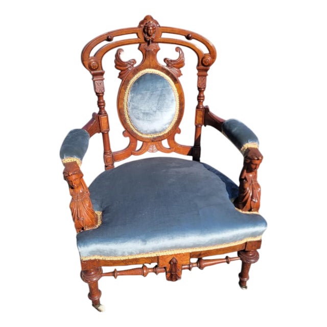 19th Century American Walnut John Jellif Chair Caryatid Figural Arms For Sale