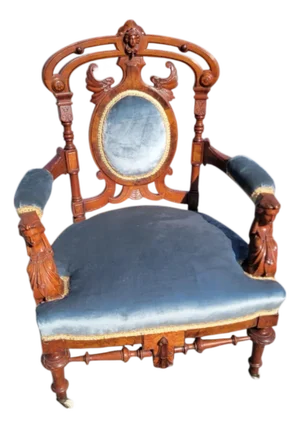 19th Century American Walnut John Jellif Chair Caryatid Figural Arms