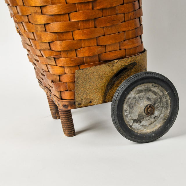 1950s Splint Wood Rolling Market Basket Cart For Sale - Image 9 of 16