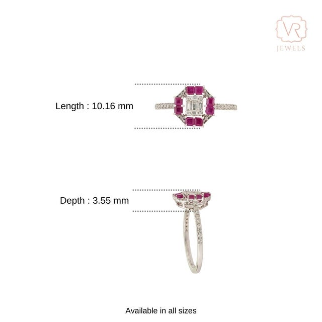 14k White Gold Ruby & Emerald-Cut Diamond Art Deco Cluster Ring Size 9 For Sale - Image 10 of 15