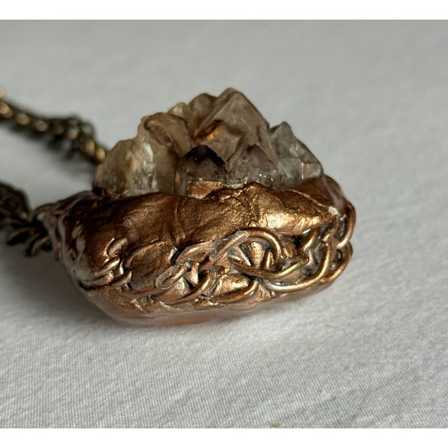 Gold Vintage Artisan Smoky Quartz Mixed Media Statement Necklace For Sale - Image 8 of 16