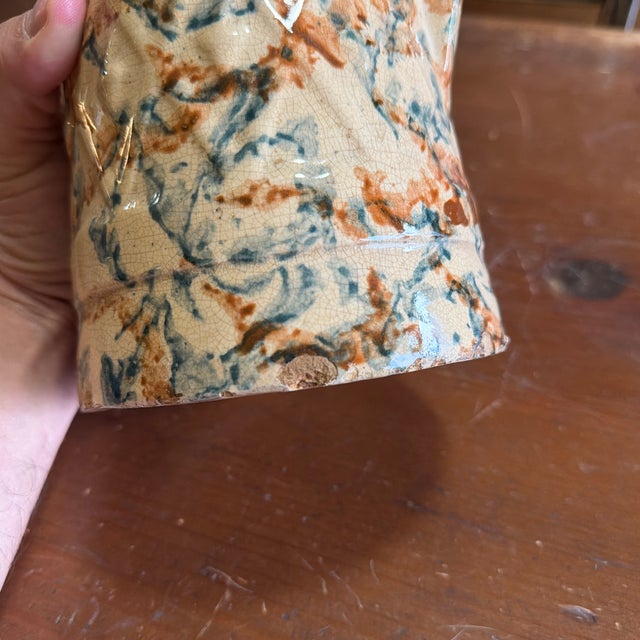 Antique Farmhouse Yellowware Blue and Brown Sponge Decorated Pitcher, Circa 1870's For Sale - Image 9 of 12