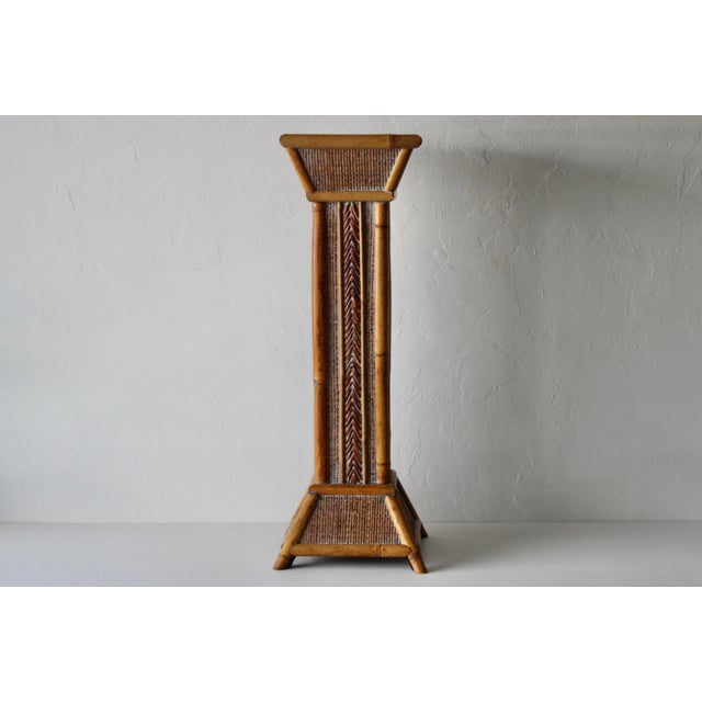 1980s Vintage Bamboo Rattan Pedestal Column Plant Stand For Sale - Image 5 of 14