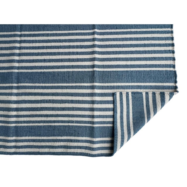 Mid-Century Modern Handmade Thick Woolen Flat Weave Rug, Sky Blue and White Striped Wool Rug - 8'x8' For Sale - Image 3 of 14