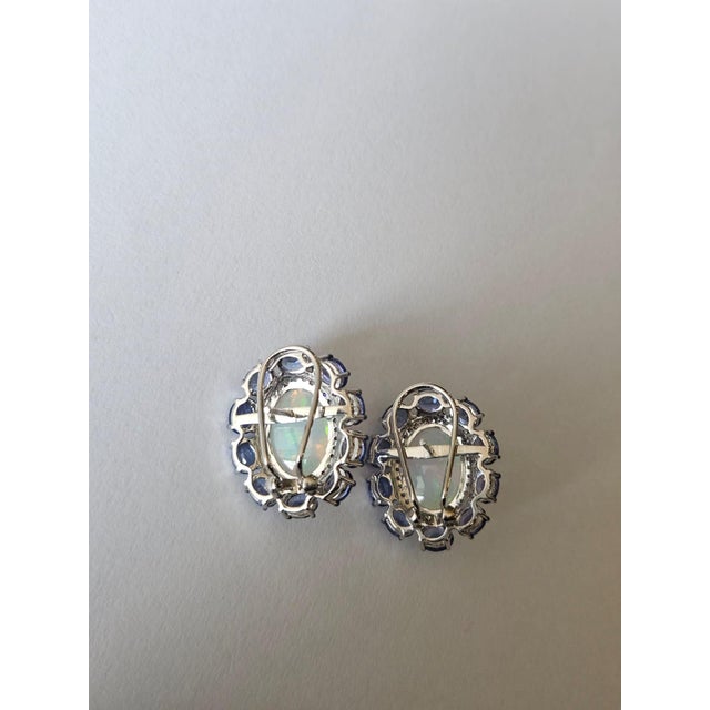 Set in 18k White Gold, Ethiopian Opal, Tanzanite & Diamonds Modern Stud Earrings, Pair For Sale - Image 4 of 11