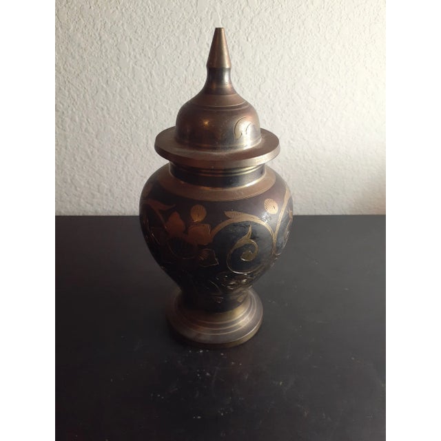 Metal 1970s Solid Brass Etched Lidded Urn Vase Made in India For Sale - Image 7 of 7