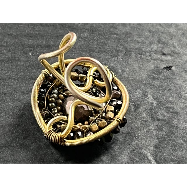 Monies Vintage 1990s Beaded Cocktail Ring in Black and Antique Gold, Size 8 For Sale - Image 4 of 4
