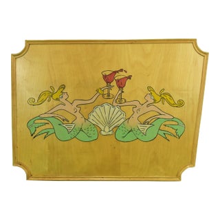 Mid 20th Century Hand-Painted 'Toasting Mermaids' on Oak Plaque For Sale