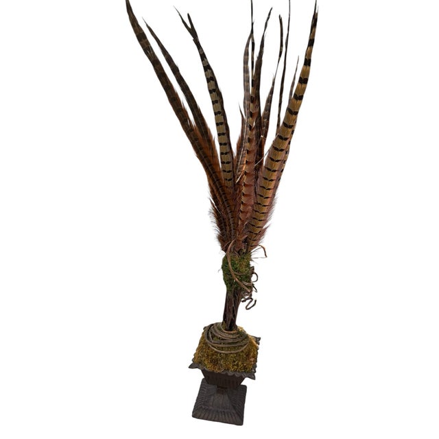 Vintage Natural Pheasant Feather Sculptural Arrangement on Metal Base Sculpture With Moss & Twisted Vine For Sale - Image 11 of 12