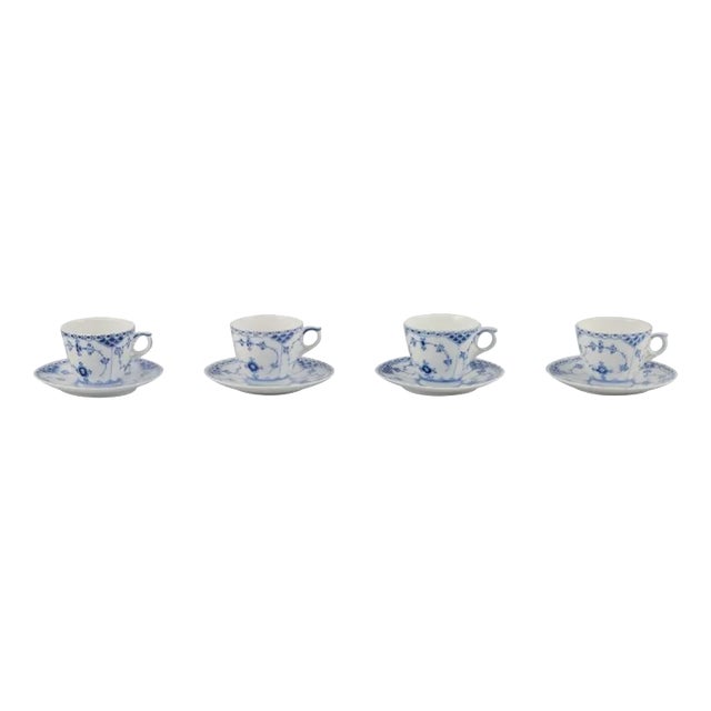 Blue Fluted Half Lace Coffee Cups with Saucers from Royal Copenhagen, 1930s, Set of 8 For Sale