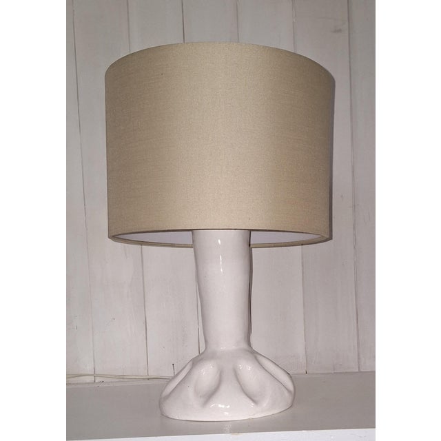 Vintage Handmade Table Lamp with White Ceramic Base and Beige Fabric Shade, 1980s For Sale - Image 6 of 8