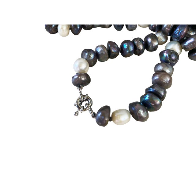 Vintage Black White Blue Grey 19.5" Long Freshwater Baroque Necklace Pearls For Sale - Image 11 of 11