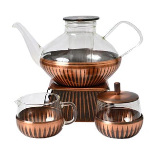 Glass and Copper Tea Set by Heinrich Löffelhardt for Jena Glass Schott & Gen, 1960s, Set of 4 For Sale