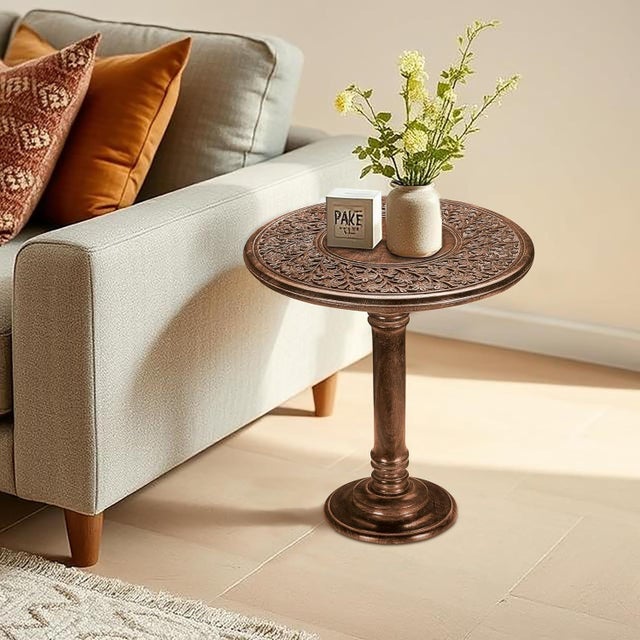 Handcrafted Mango Wood Round Pedestal End Accent Table For Sale In Chicago - Image 6 of 7