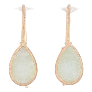 New Nina Wynn Aquamarine Druzy Quartz Drop Earrings 18k Gold Hook Posts, Pair For Sale