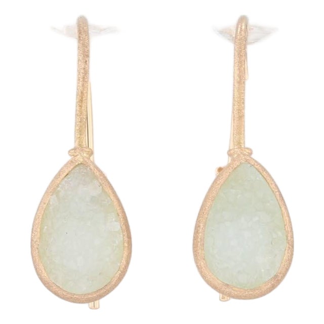 New Nina Wynn Aquamarine Druzy Quartz Drop Earrings 18k Gold Hook Posts, Pair For Sale